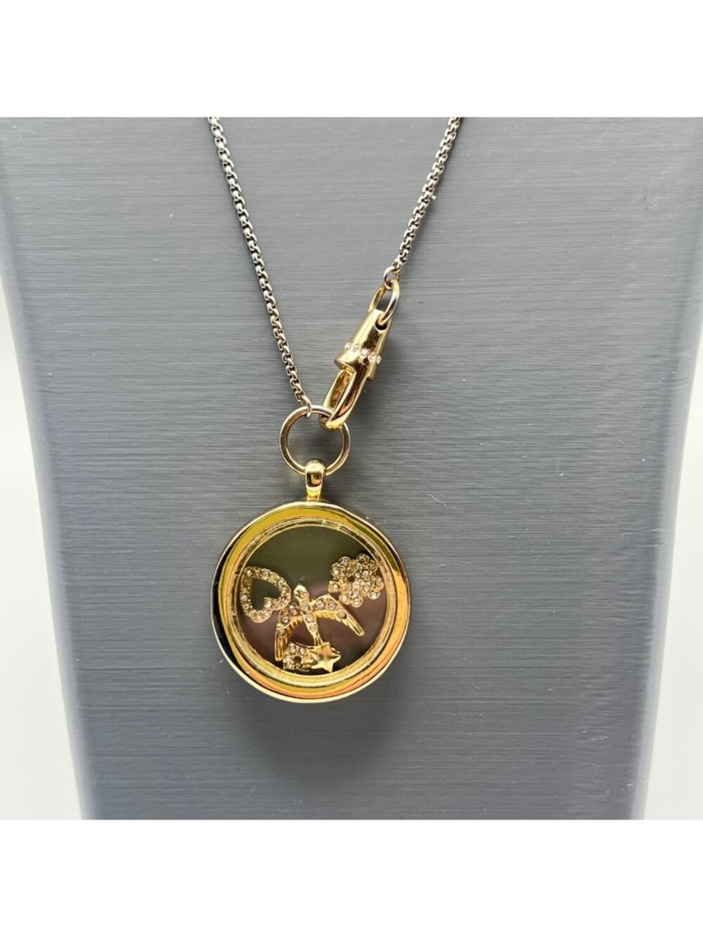 Banana Republic Floating Charm Locket Necklace Bird Heart Crystal Gold Tone